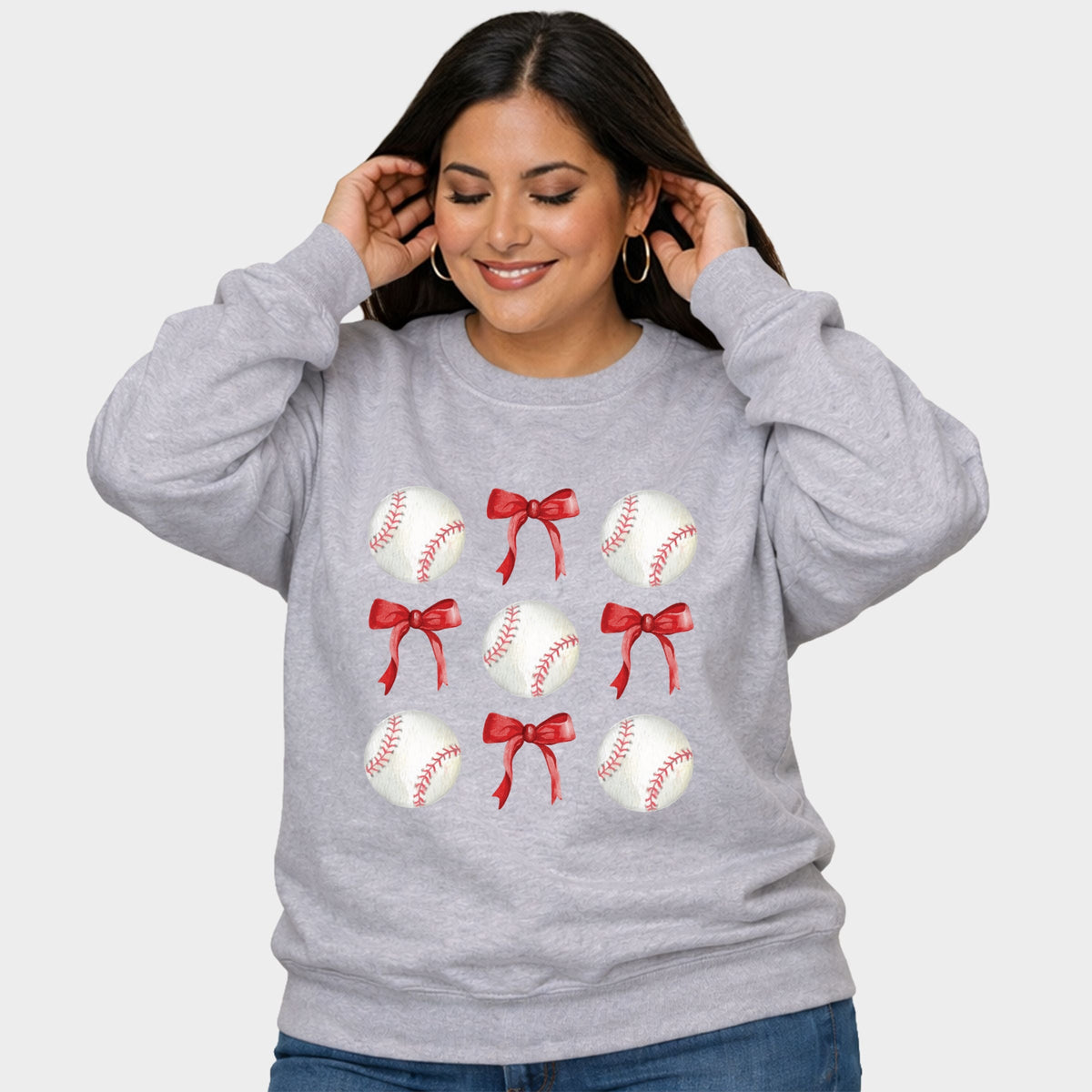 Baseballs and Red Bows Watercolor - Women's Plus Sized Graphic Sweatshirt
