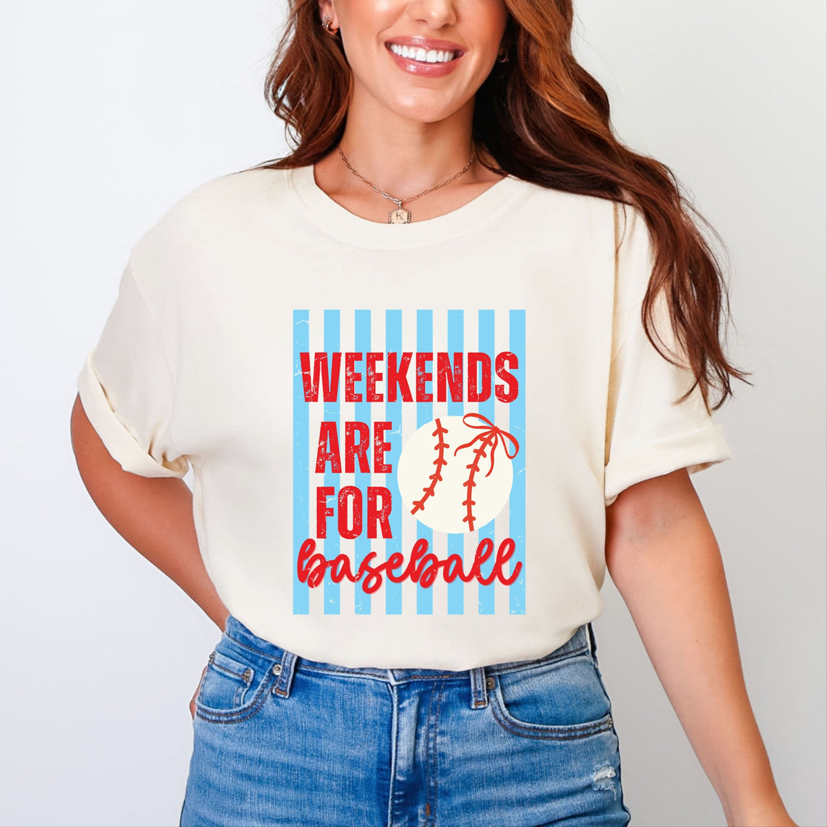 Weekends Are For Baseball Stripes - Women's Garment Dyed Graphic T-Shirt