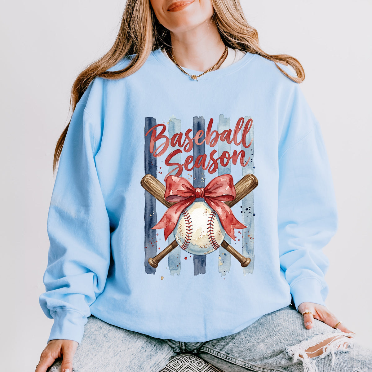 Baseball Season Watercolor Stripes - Women's Lightweight Garment Dyed Sweatshirt