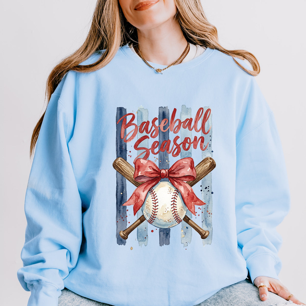Baseball Season Watercolor Stripes - Women's Lightweight Garment Dyed Sweatshirt