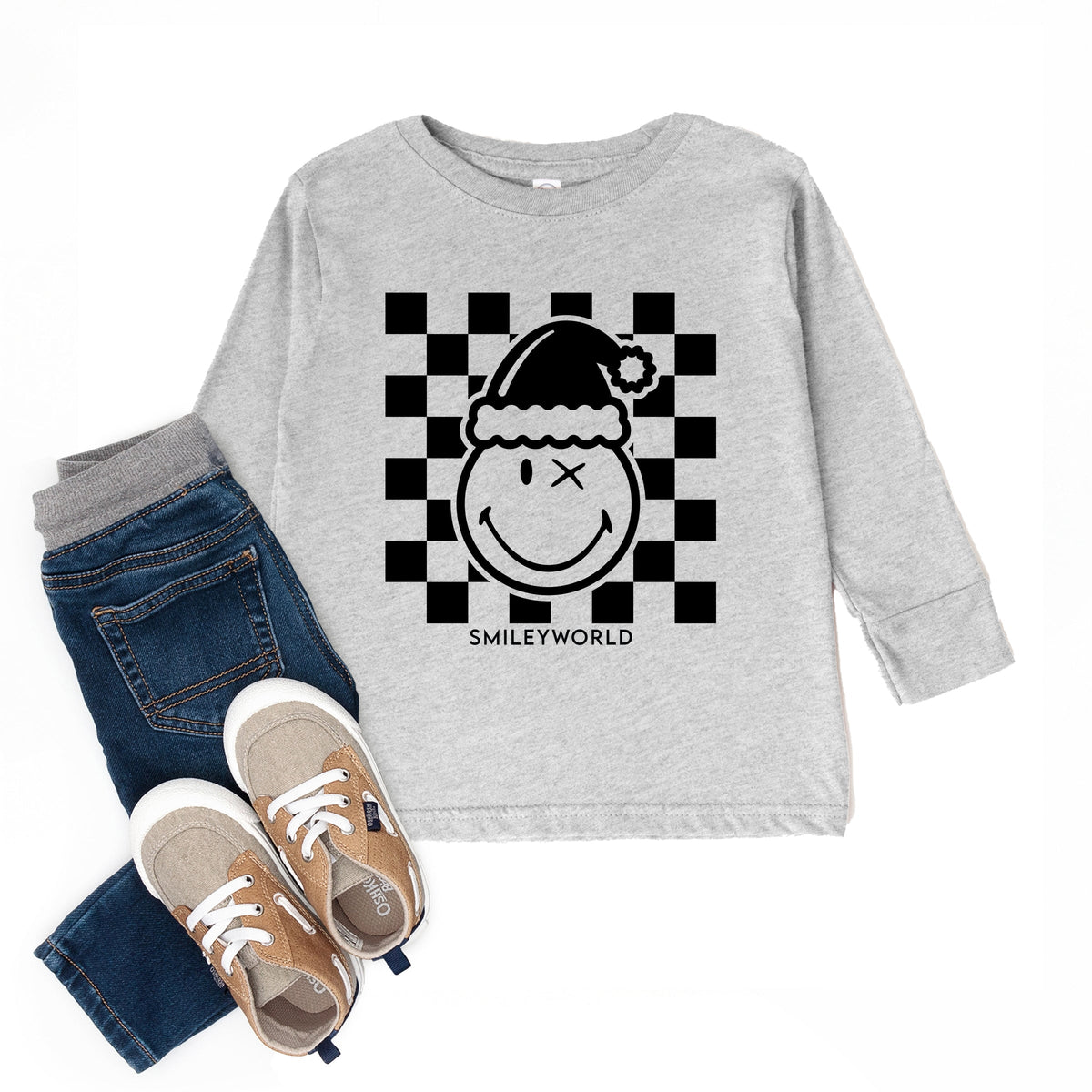 SmileyWorld Checkered Christmas Wink - Toddler Long Sleeve Graphic Tee