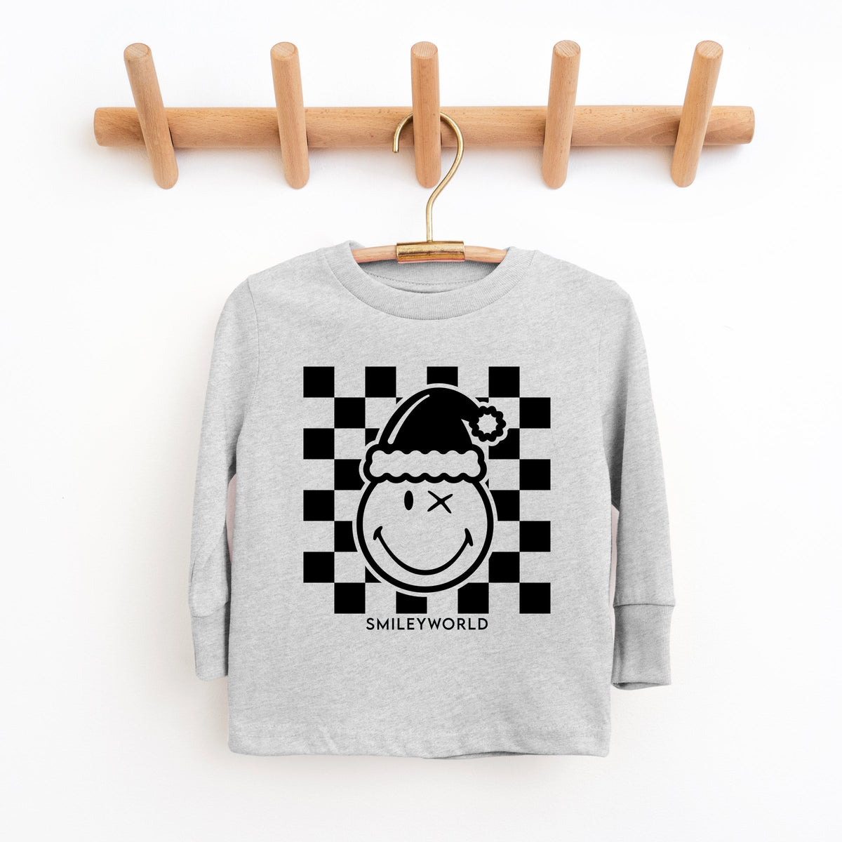 SmileyWorld Checkered Christmas Wink - Youth Long Sleeve Graphic T-Shirt