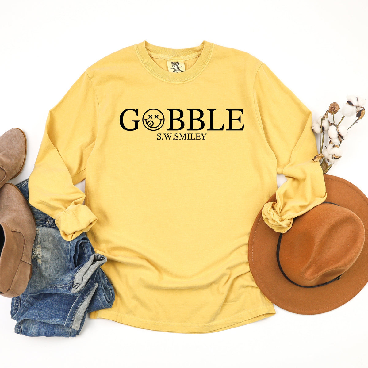 S.W.Smiley Gobble Typewriter - Women's Garment Dyed Long Sleeve Graphic T-Shirt