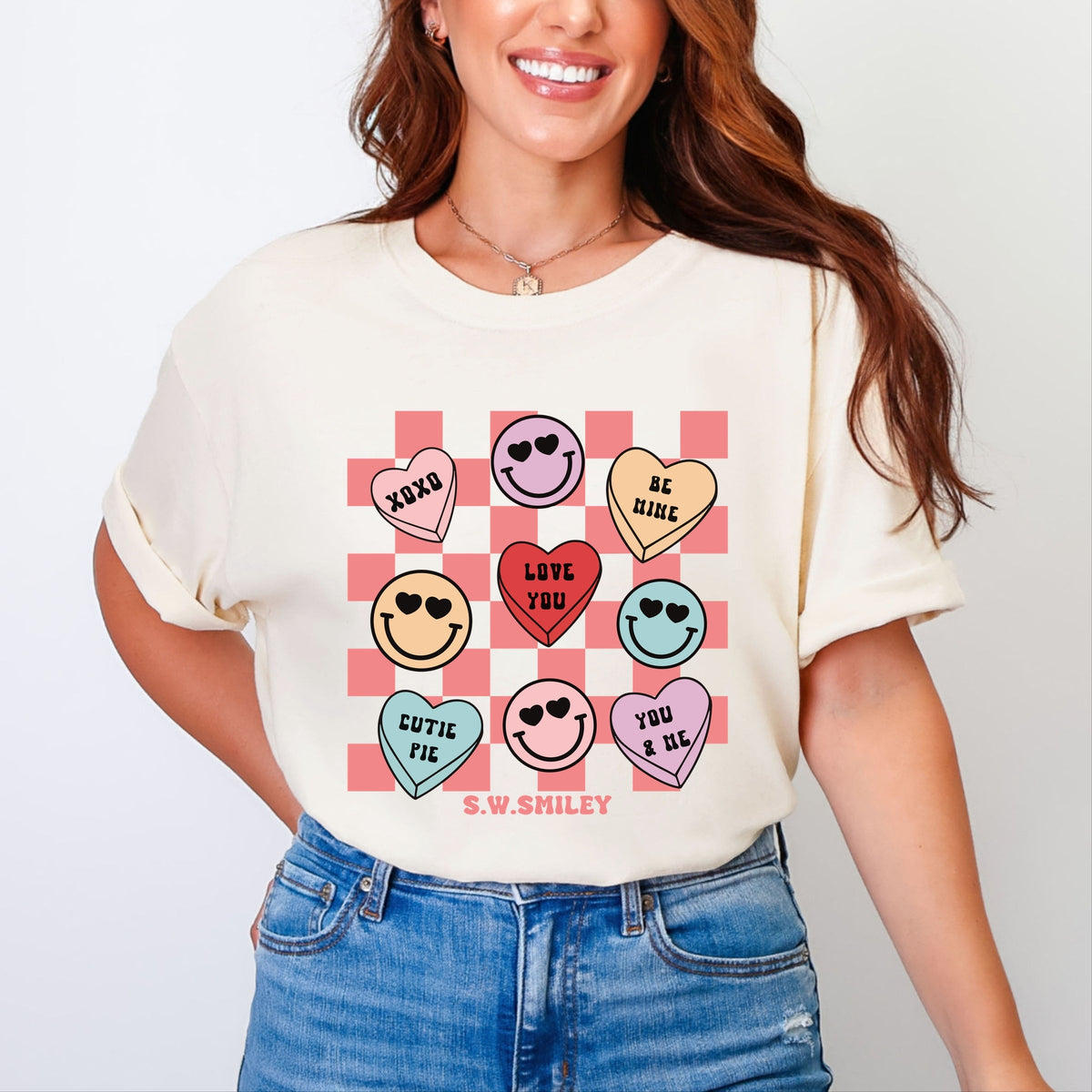 S.W.Smiley Candy Heart Smile Solid - Women's Garment Dyed Graphic T-Shirt
