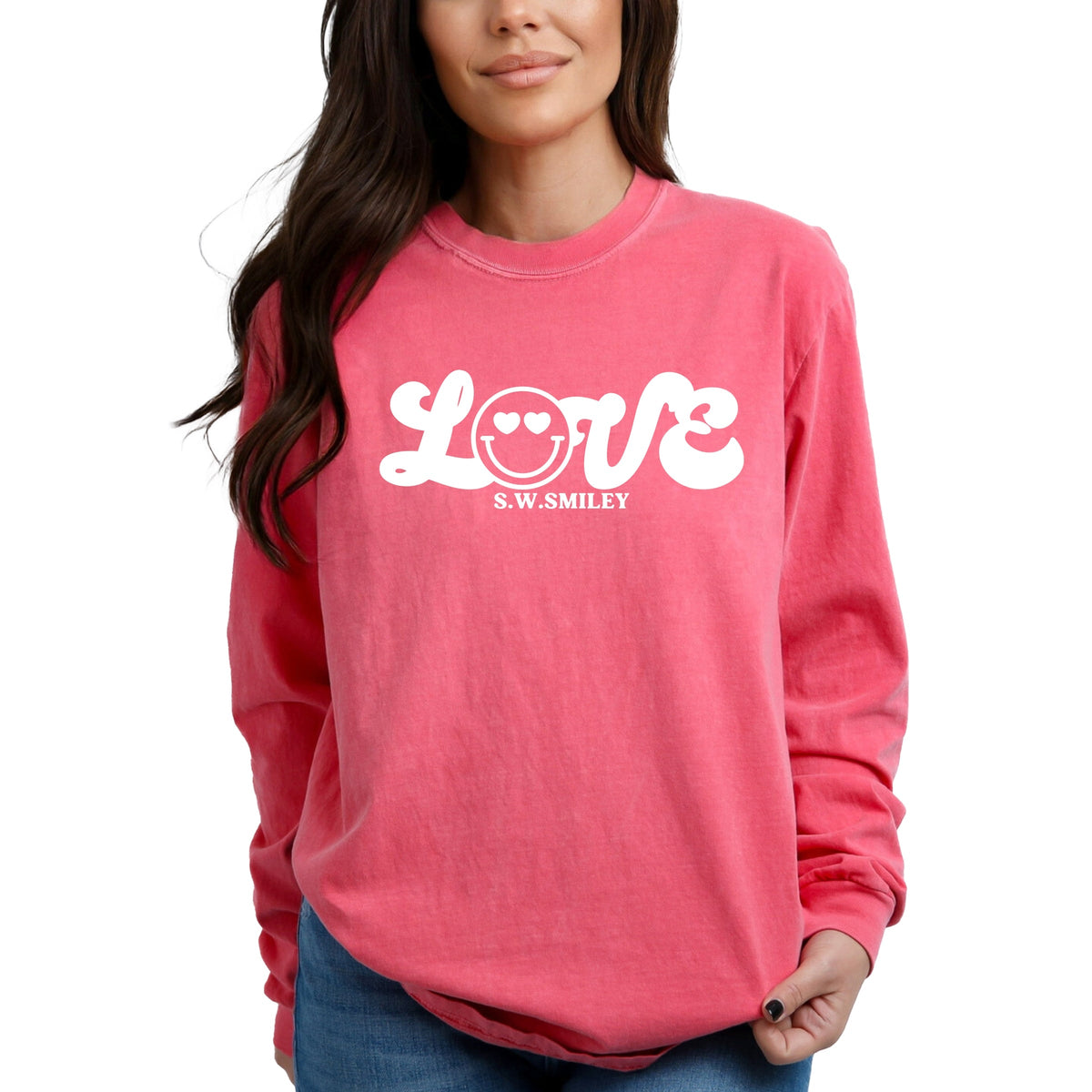 S.W.Smiley Love Cursive - Women's Garment Dyed Long Sleeve Graphic T-Shirt