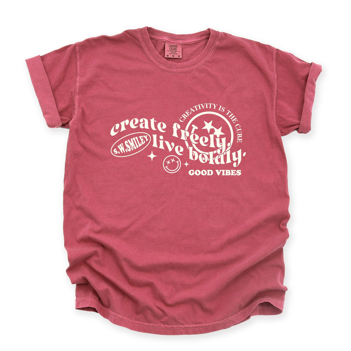 S.W.Smiley Create Freely Live Boldly - Women's Garment Dyed Graphic T-Shirt