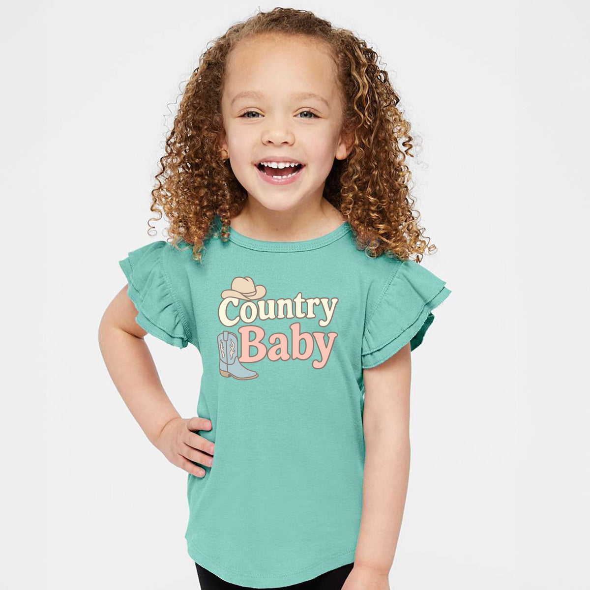 Country Baby Outline Pastel - Flutter Sleeve Graphic T-Shirt
