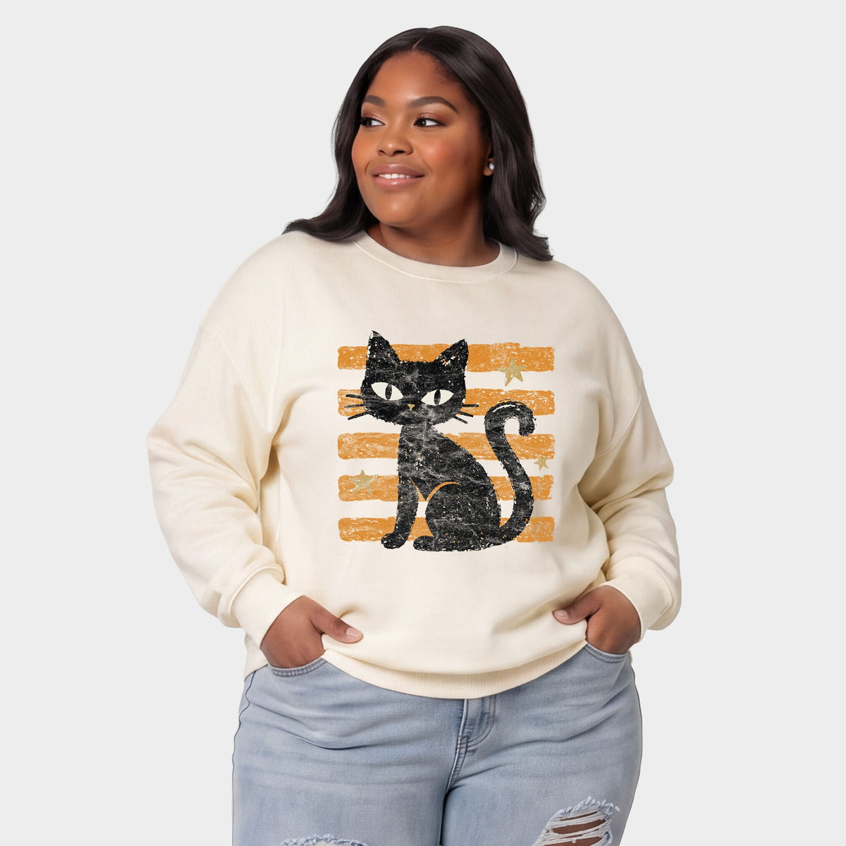 Black Cat Orange Stripes - Women's Plus Sized Graphic Sweatshirt