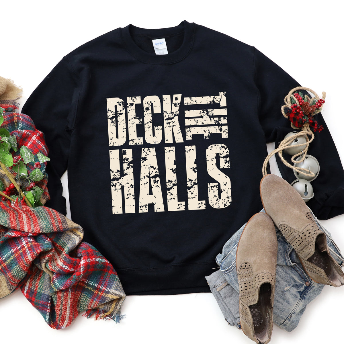 Deck the Halls Block Distressed - Women's Graphic Sweatshirt