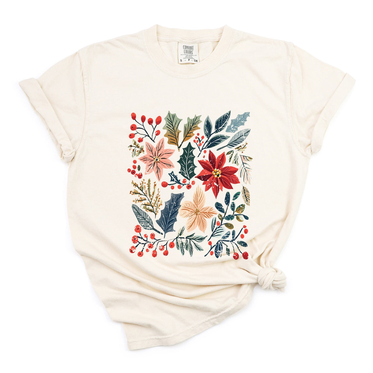 Christmas Flowers and Berries Distressed - Women's Garment Dyed Graphic T-Shirt