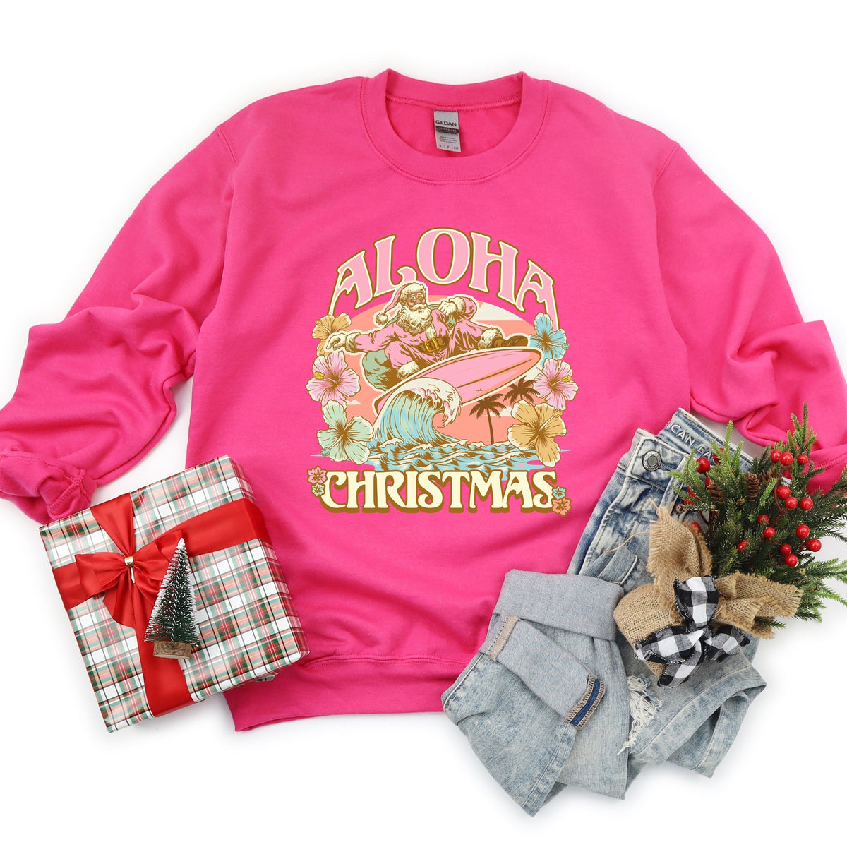 Aloha Christmas Surfing Santa - Women's Graphic Sweatshirt
