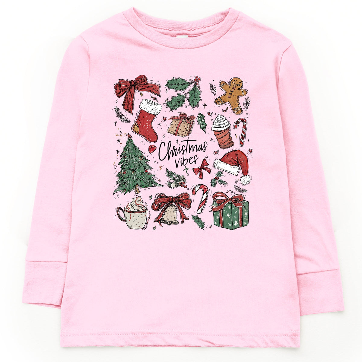 Christmas Vibes Sketched - Youth Long Sleeve Graphic T-Shirt