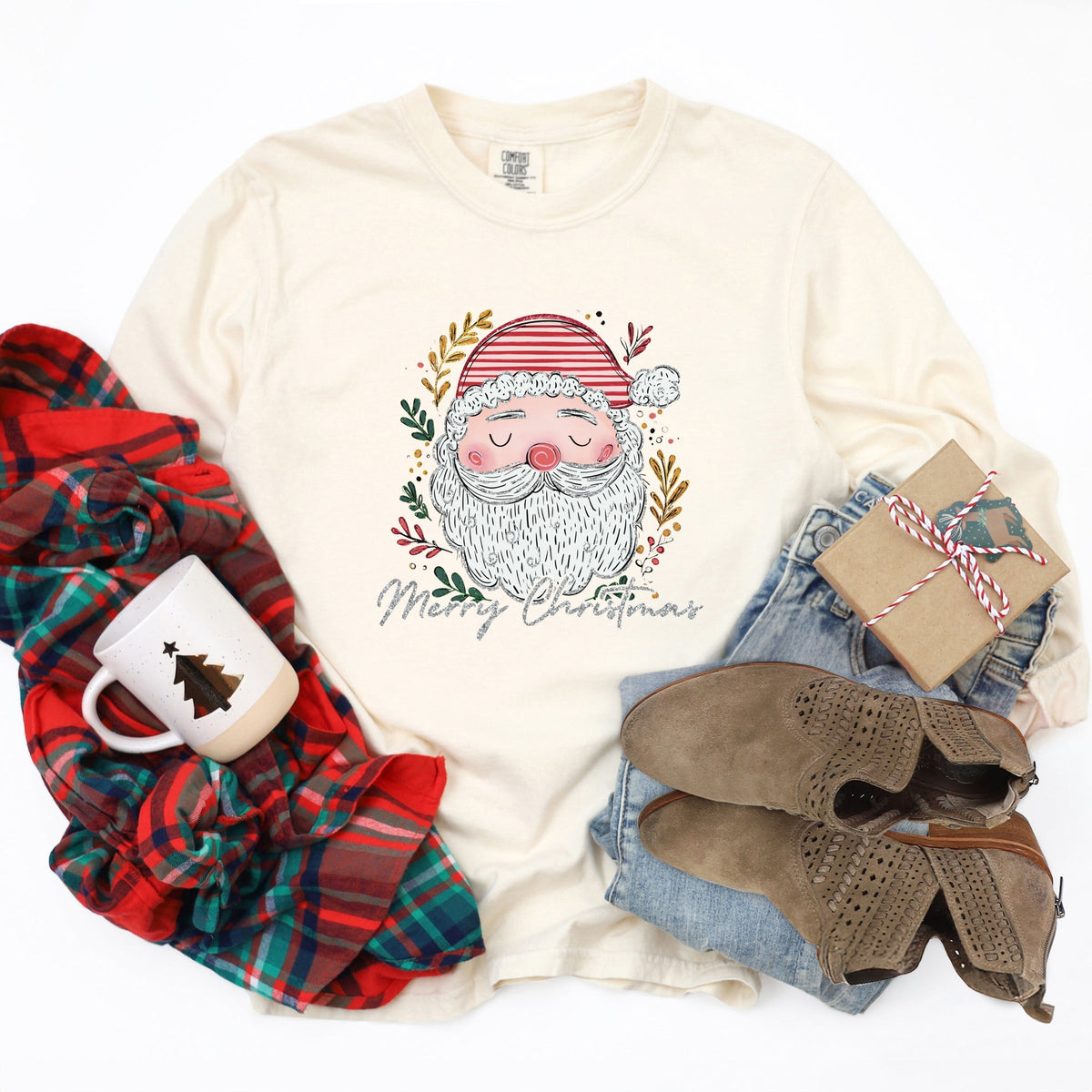 Merry Christmas Santa Stripes - Women's Garment Dyed Long Sleeve Graphic T-Shirt