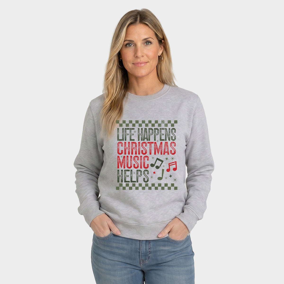 Christmas Music Helps Checkered - Women's Graphic Sweatshirt