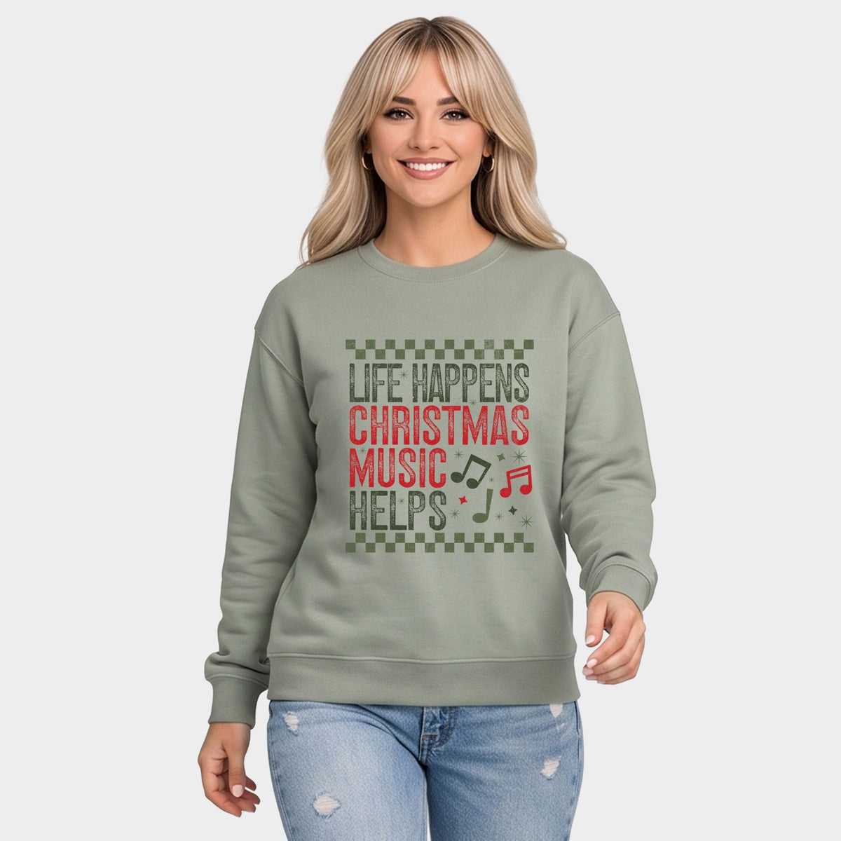 Christmas Music Helps Checkered - Women's Graphic Sweatshirt