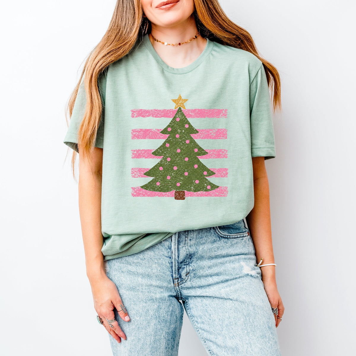 Christmas Tree Pink Stripes - Women's Short Sleeve Graphic T-Shirt