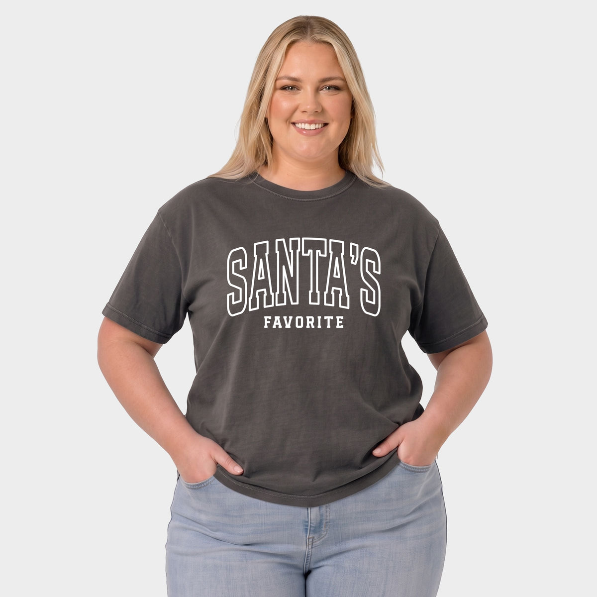 Santa's Favorite Arched Outline - Women's Plus Garment Dyed Tee