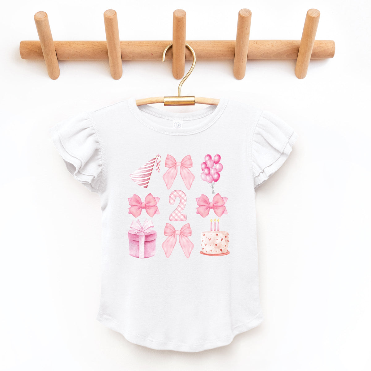 Two Birthday Pink Coquette - Flutter Sleeve Graphic T-Shirt