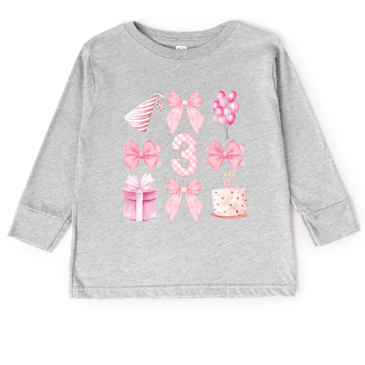 Three Birthday Pink Coquette - Toddler Long Sleeve Graphic Tee