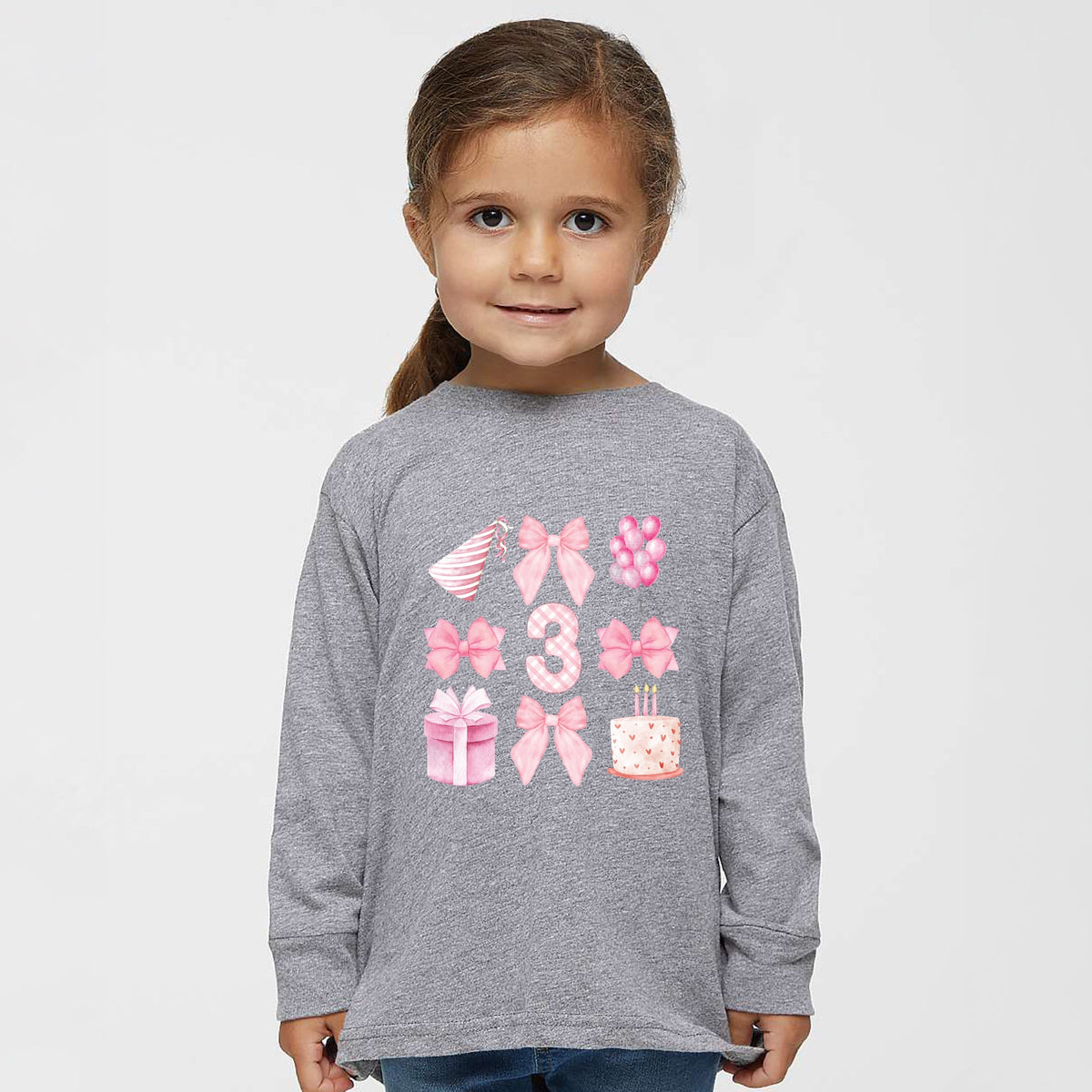 Three Birthday Pink Coquette - Toddler Long Sleeve Graphic Tee