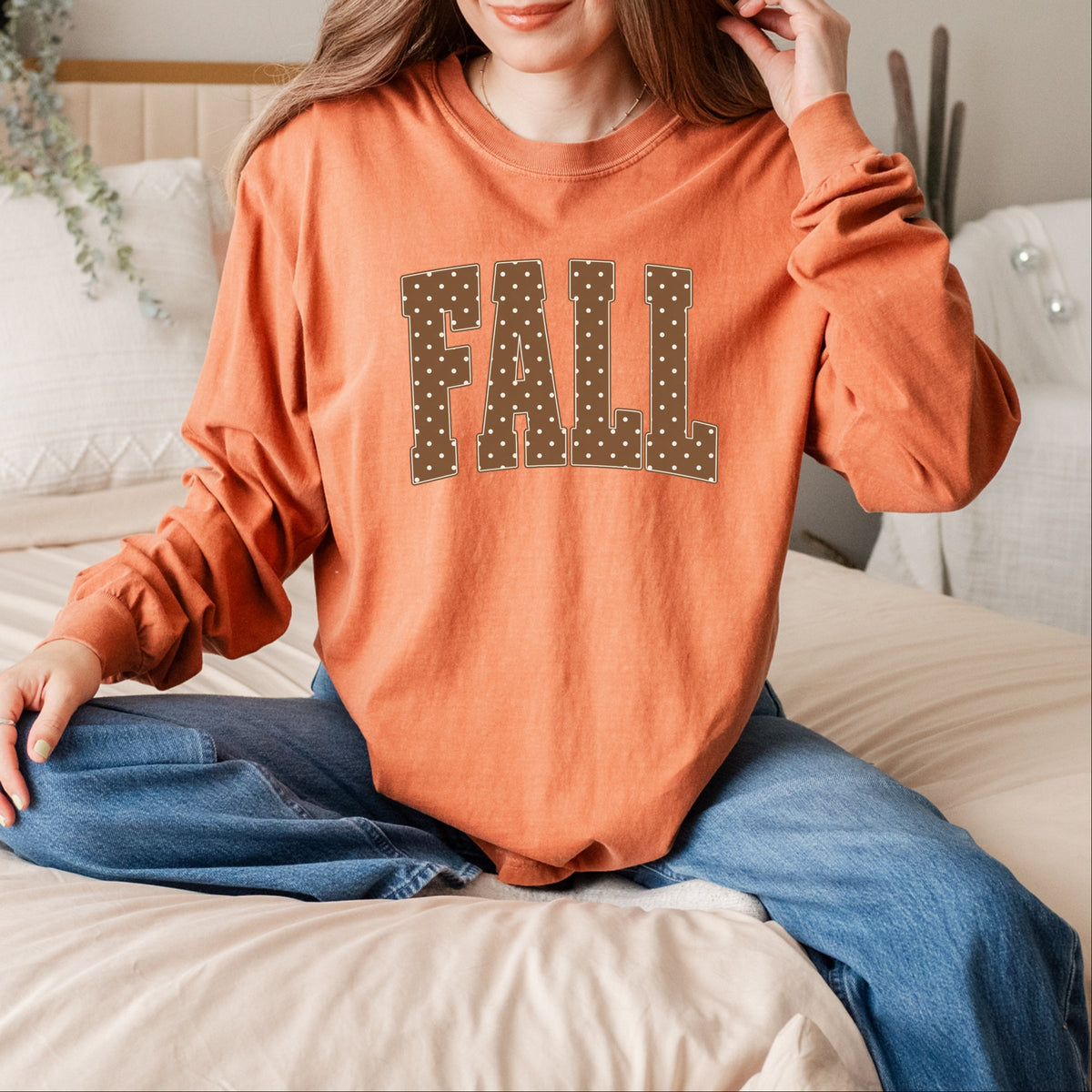 Fall Polka Dots Arched - Women's Garment Dyed Long Sleeve Graphic T-Shirt