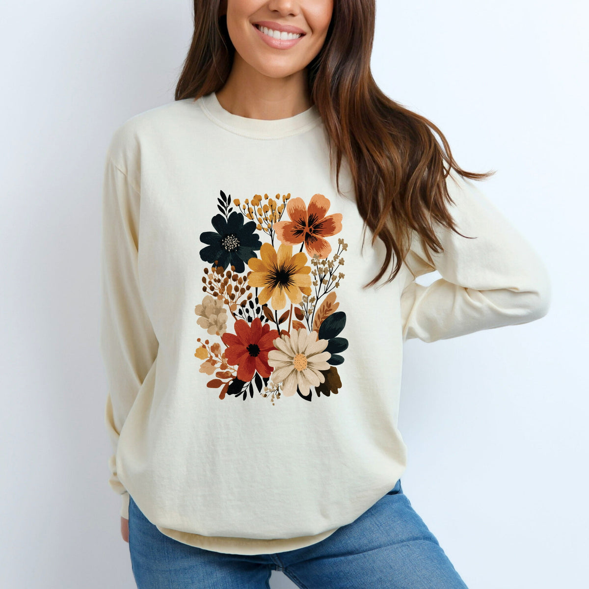 Autumn Floral - Women's Garment Dyed Long Sleeve Graphic T-Shirt