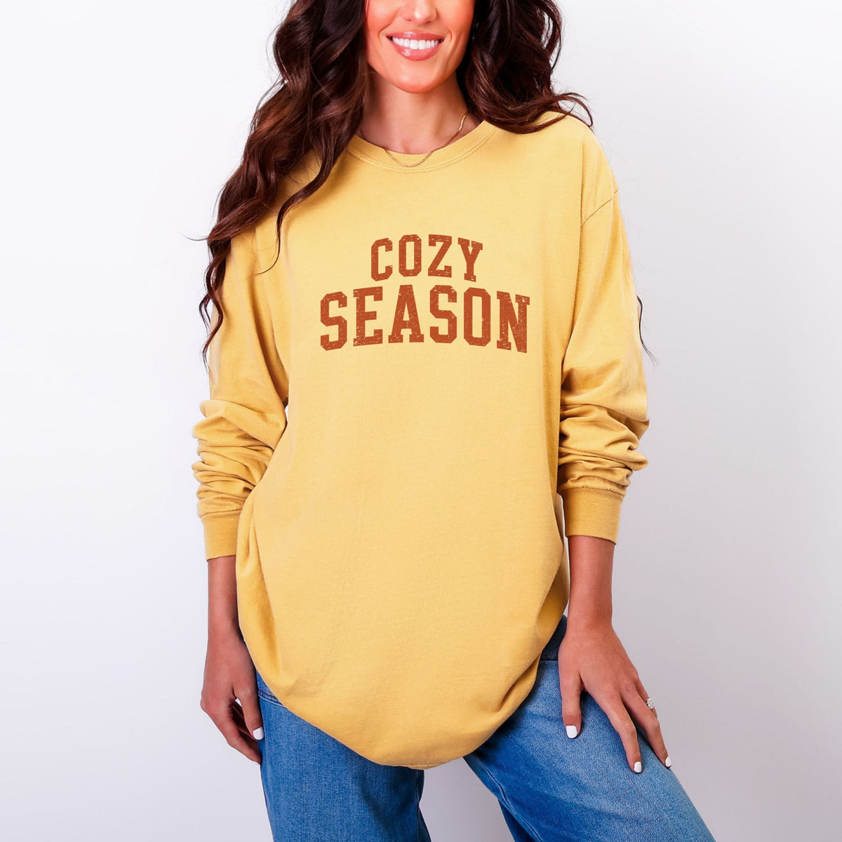 Cozy Season Curved Varsity Stack - Women's Garment Dyed Long Sleeve Graphic T-Shirt