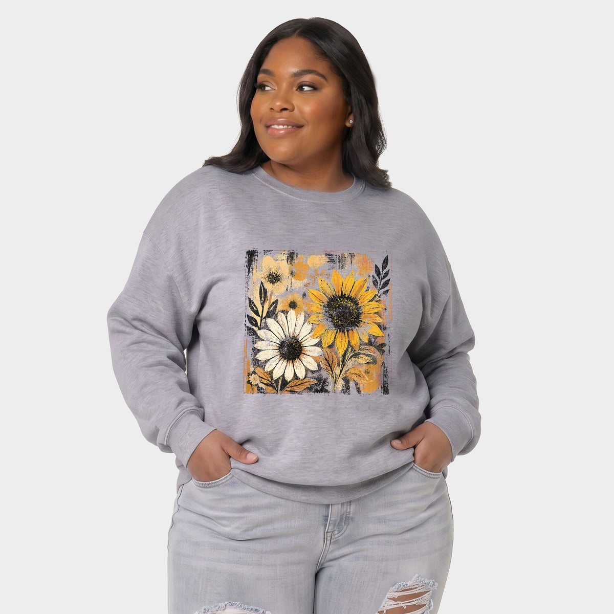 Fall Sunflowers Distressed - Women's Plus Sized Graphic Sweatshirt