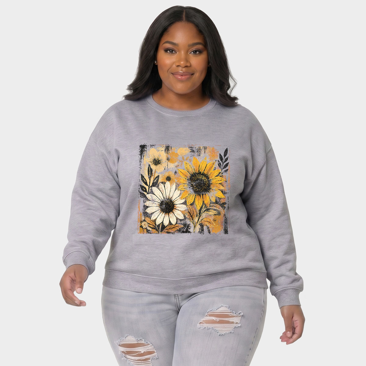 Fall Sunflowers Distressed - Women's Plus Sized Graphic Sweatshirt