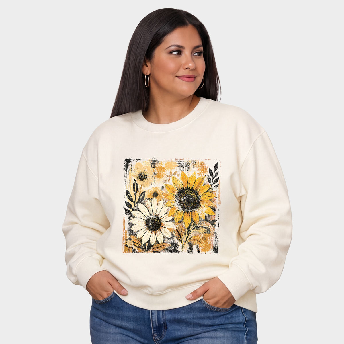 Fall Sunflowers Distressed - Women's Plus Sized Graphic Sweatshirt