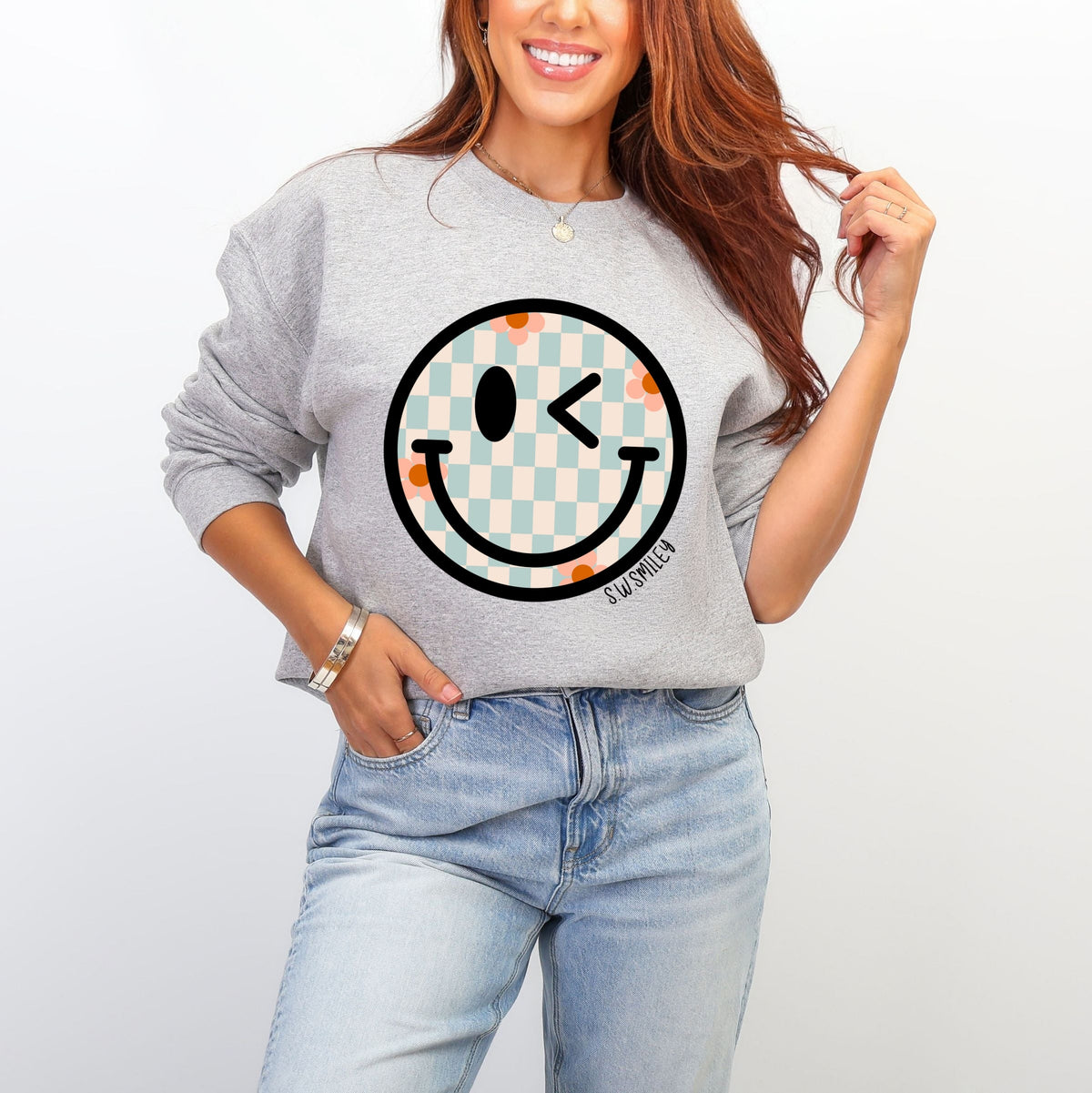 S.W.Smiley Checkered Smiley Face - Women's Graphic Sweatshirt