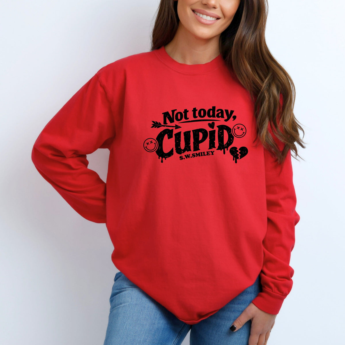 S.W.Smiley Not Today Cupid - Women's Garment Dyed Long Sleeve Graphic T-Shirt