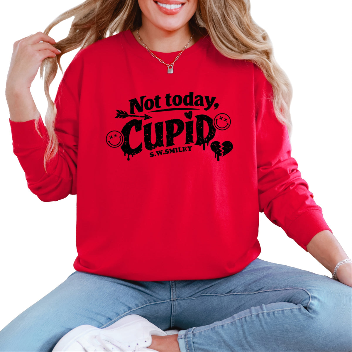 S.W.Smiley Not Today Cupid - Women's Garment Dyed Long Sleeve Graphic T-Shirt
