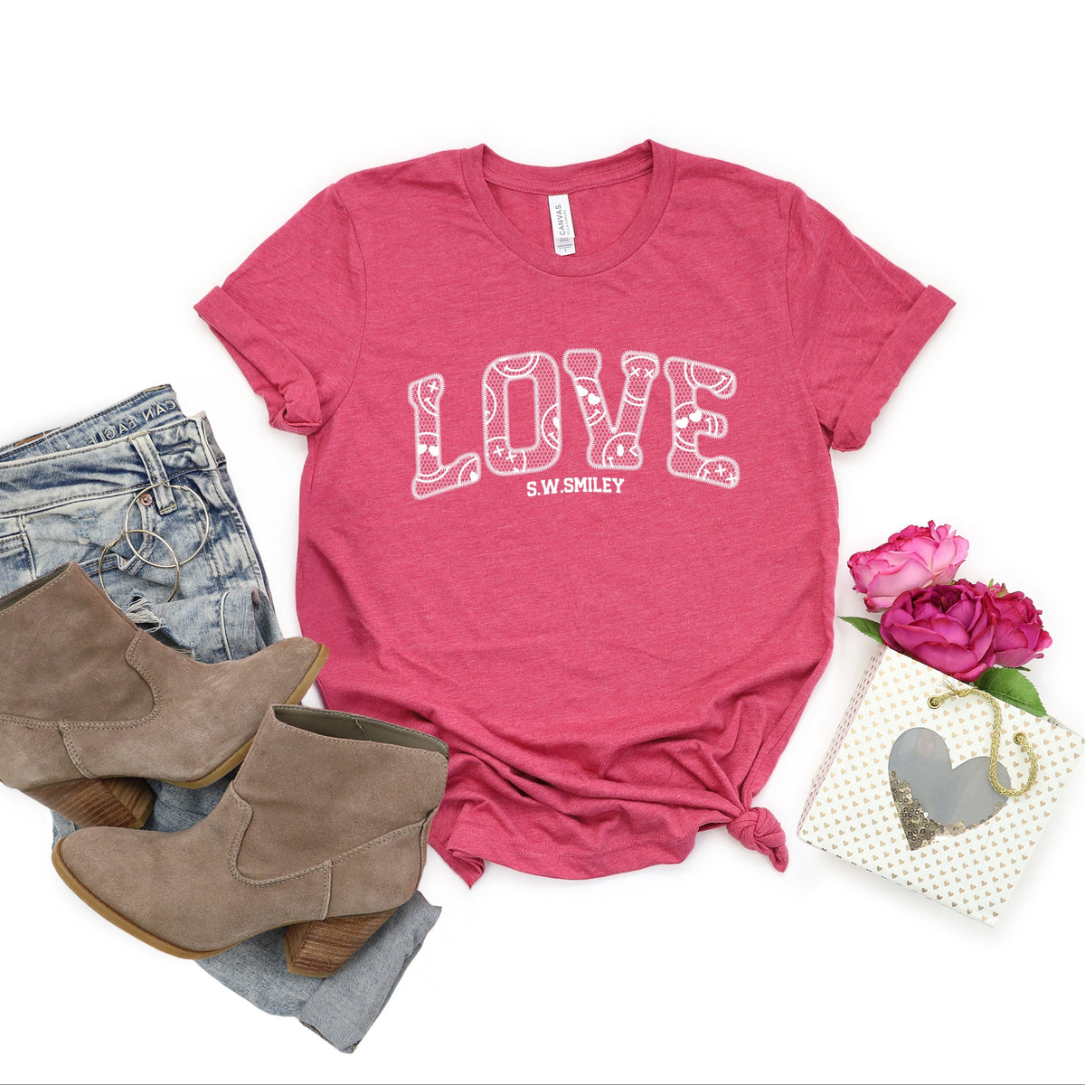 S.W.Smiley Love Faux Lace - Women's Short Sleeve Graphic T-Shirt