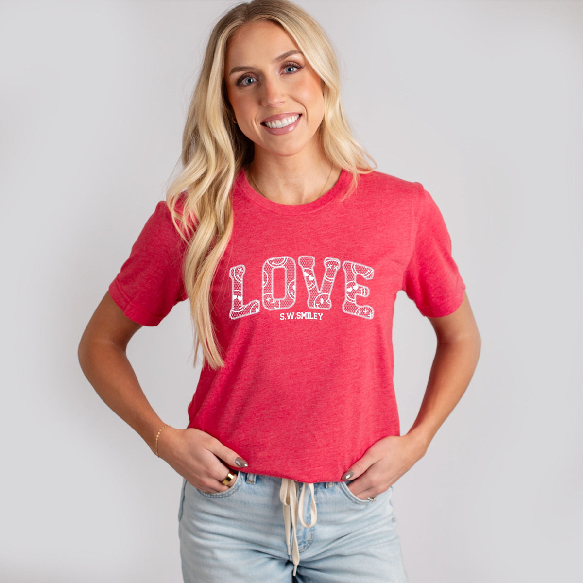 S.W.Smiley Love Faux Lace - Women's Short Sleeve Graphic T-Shirt