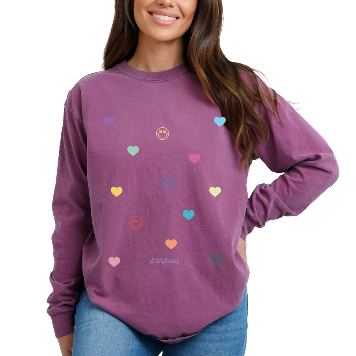 S.W.Smiley Small Rainbow Hearts - Women's Garment Dyed Long Sleeve Graphic T-Shirt