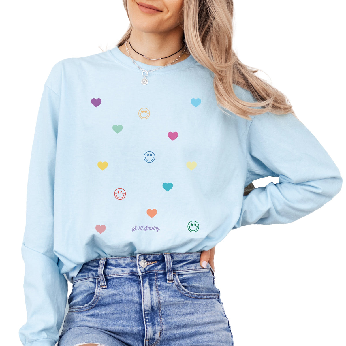 S.W.Smiley Small Rainbow Hearts - Women's Garment Dyed Long Sleeve Graphic T-Shirt