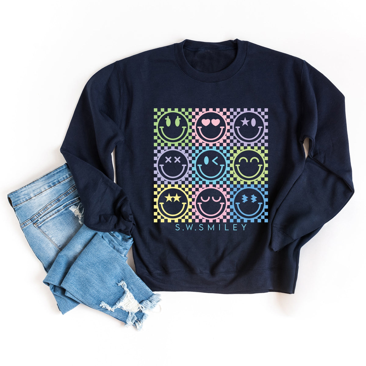 S.W.Smiley Checkered Neon - Women's Graphic Sweatshirt