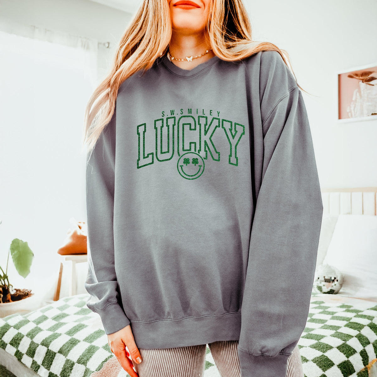 S.W.Smiley Lucky Varsity Glitter - Women's Lightweight Garment Dyed Sweatshirt