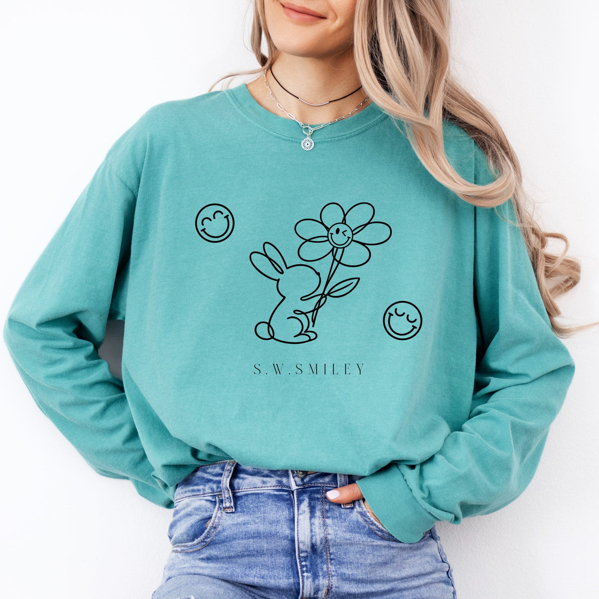 S.W.Smiley Bunny Outline Flower - Women's Garment Dyed Long Sleeve Graphic T-Shirt