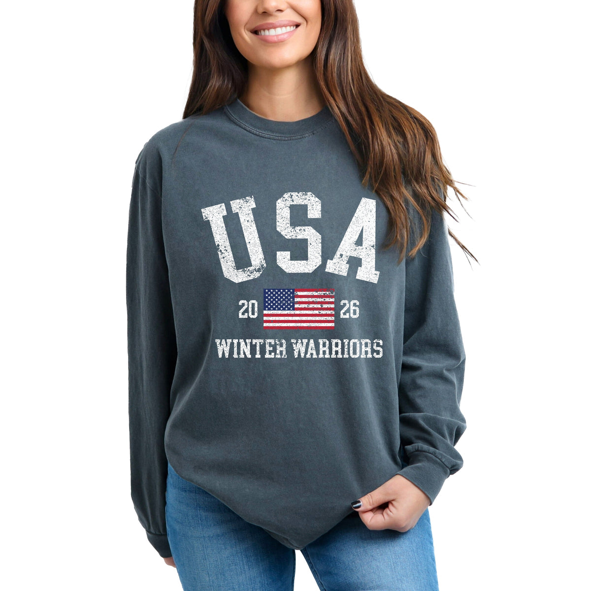 USA Winter Warriors - Women's Garment Dyed Long Sleeve Graphic T-Shirt