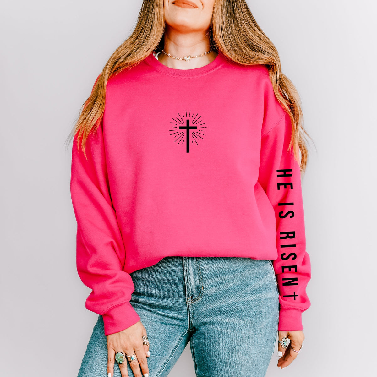 He Is Risen Cross Mini Front and Sleeve Design - Women's Graphic Sweatshirt