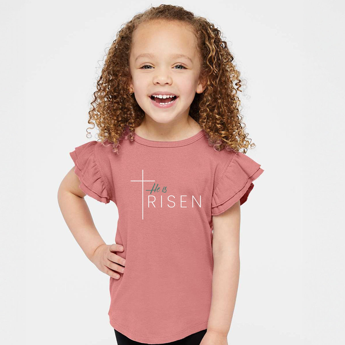 He Is Risen Cross Thin - Flutter Sleeve Graphic T-Shirt