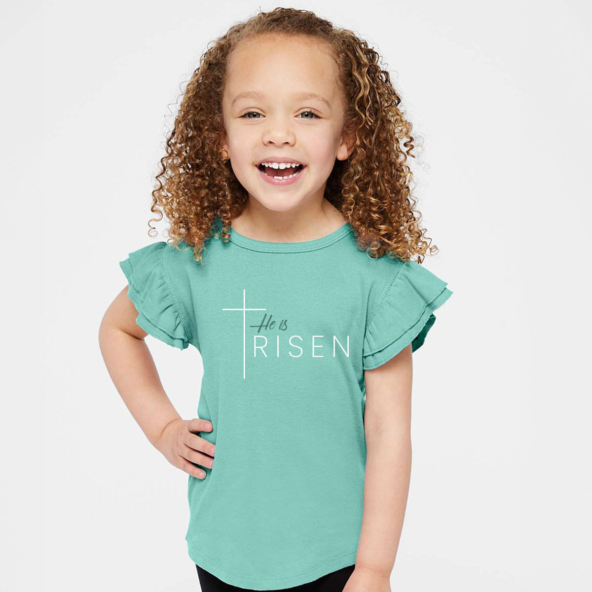 He Is Risen Cross Thin - Flutter Sleeve Graphic T-Shirt