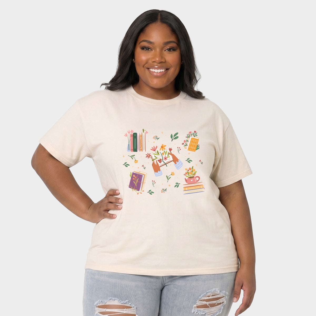 Books and Flowers Collage - Women's Plus Garment Dyed Tee