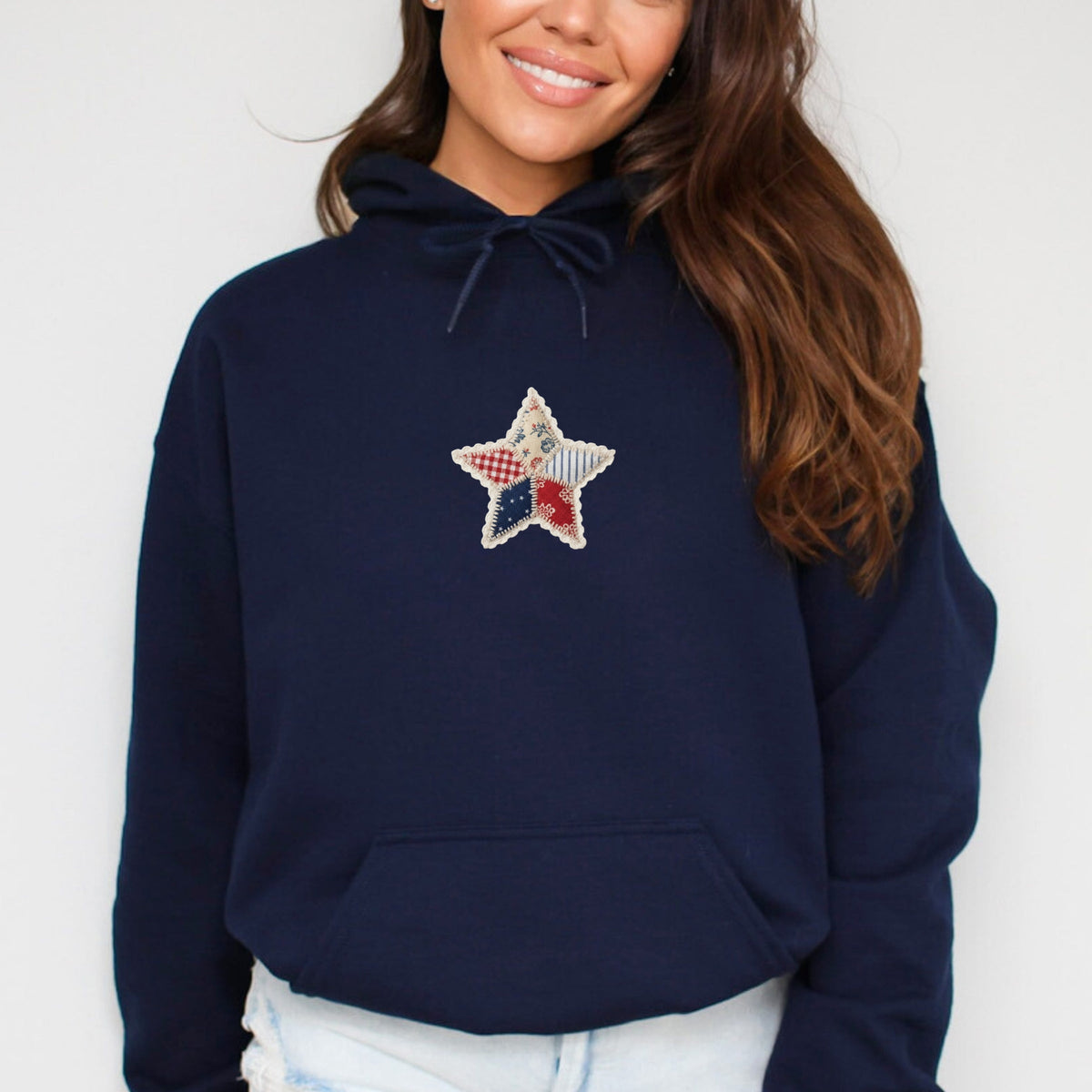Patriotic Star Faux Patchwork Print - Women's Graphic Hoodie