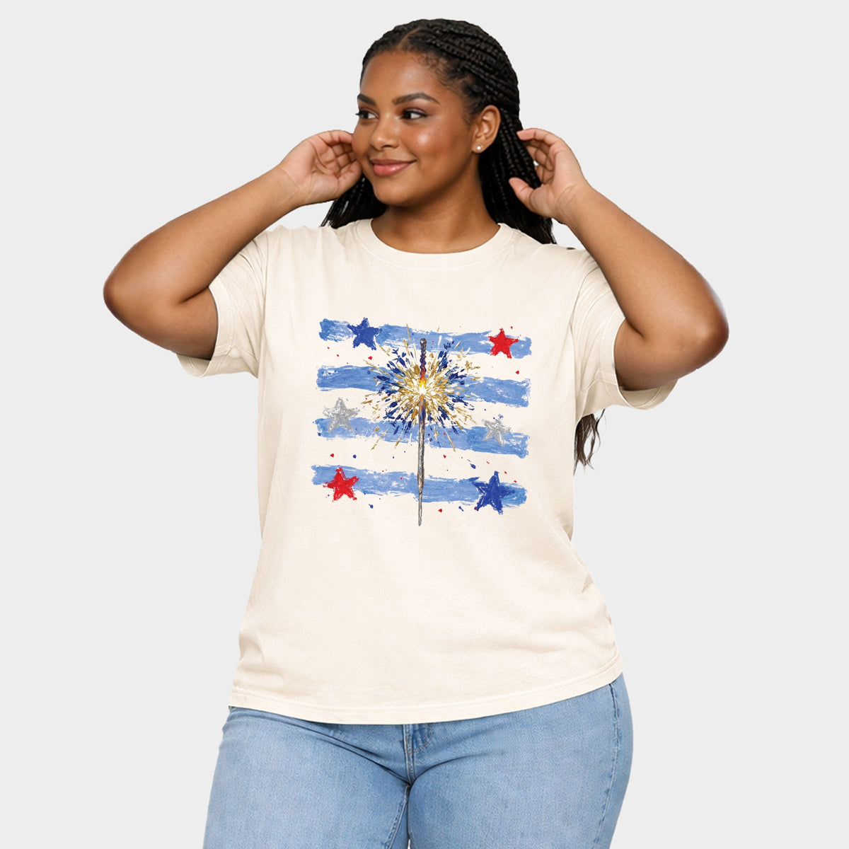 Sparkler Stripes - Women's Plus Sized Garment Dyed Graphic T-Shirt