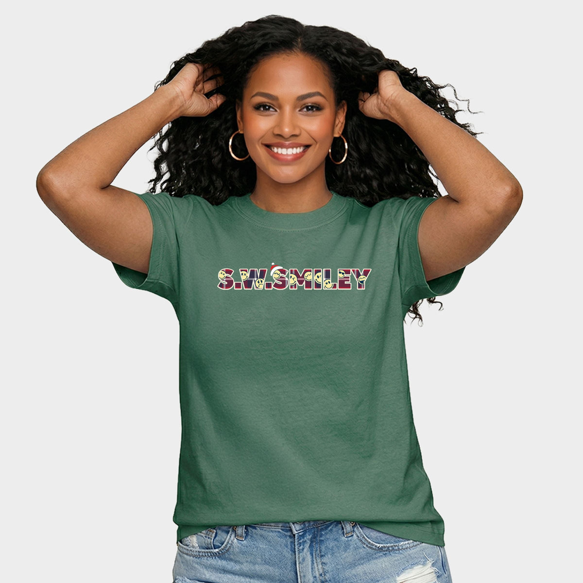 S.W.Smiley Christmas Red Plaid - Women's Relaxed Boxy Tee