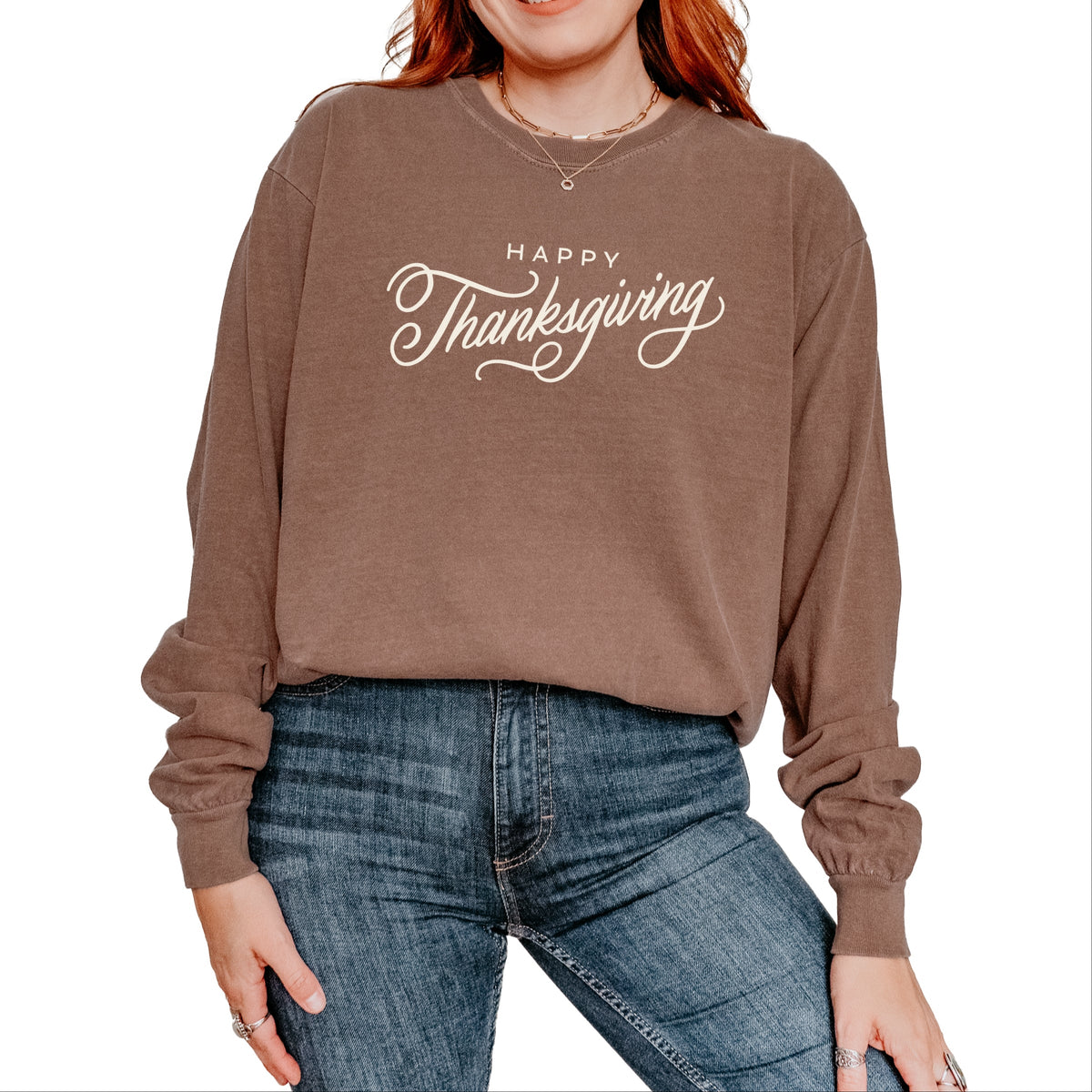 Hallmark - Happy Thanksgiving Cursive - Women's Garment Dyed Long Sleeve Graphic T-Shirt