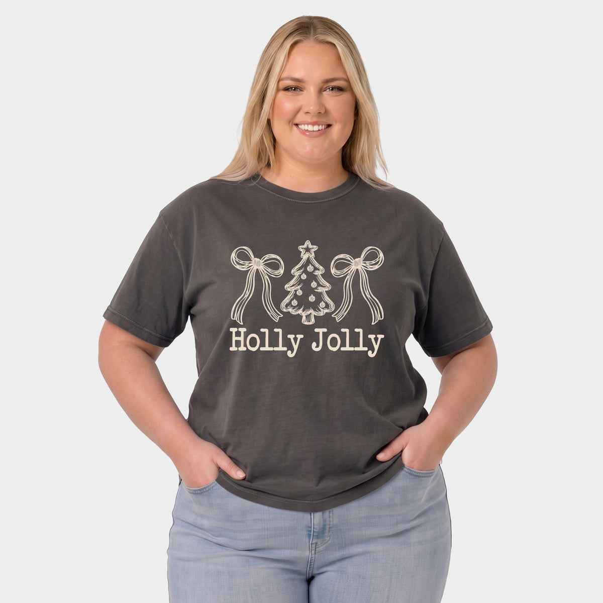 Holly Jolly Bow Sketched - Women's Plus Garment Dyed Tee